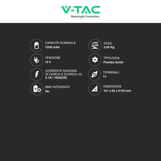 V-Tac VT-7-12 Batteria Piombo Acido 12V 7Ah con Attacchi T1 - SKU 23451