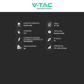V-Tac VT-10-12 Batteria Piombo Acido 12V 10Ah con Attacchi T2 - SKU 23452