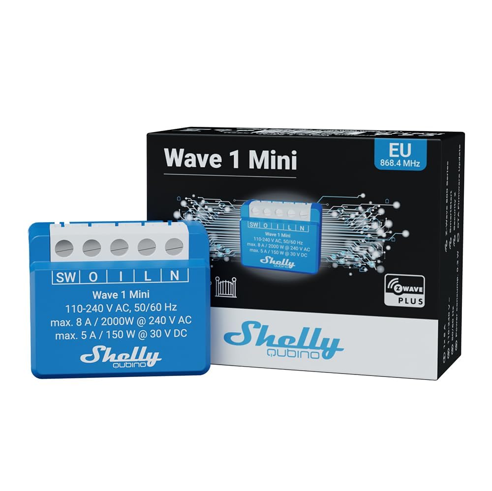 Shelly Qubino Wave Mini 1 | Relè di commutazione intelligente Z-Wave, 1 canale 8 A con contatto a secco | Automazione domestica