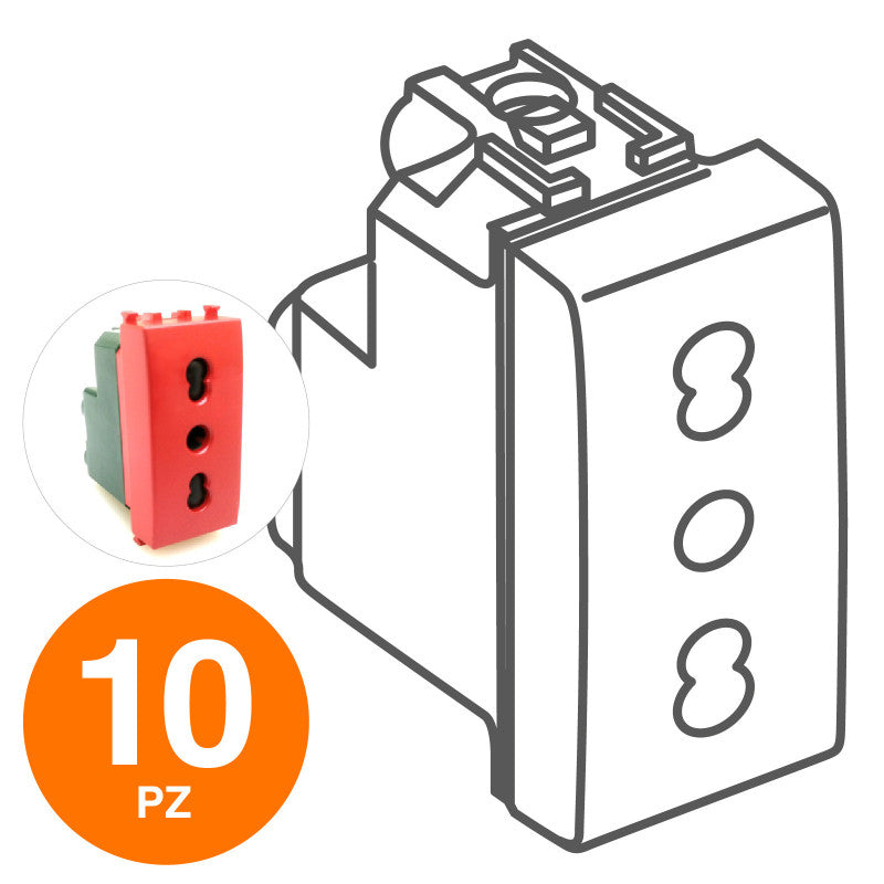 MAPAM Presa Bivalente (16A-250V) JOY per linea emergenza Rosso - Confezione 10pz - mod. 518R - Compatibile con BTicino MATIX