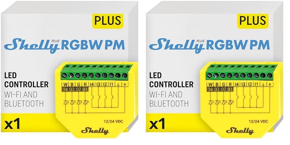 Shelly Plus RGBW PM, Modulo di controllo RGBW per strisce LED Wi-Fi & Bluetooth - 12-24 VDC, con Misuratore di consumo, Luce Bianca o Colorata Dimmerabile, Nessun Hub richiesto, App iOS Android