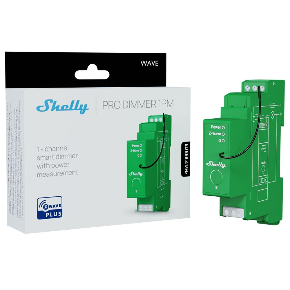 Shelly Wave Pro Dimmer 1PM, Dimmer Intelligente a 1 Canale, Misurazione Energetica, Richiede Gateway Z-Wave, Domotica, Guida DIN, Regolazione Luminosità, Controllo Remoto, Scene Intelligenti