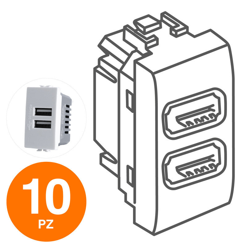 MAPAM Doppia Presa USB 2A JOY Bianco - Confezione 10pz - mod. 521B - Compatibile con BTicino MATIX