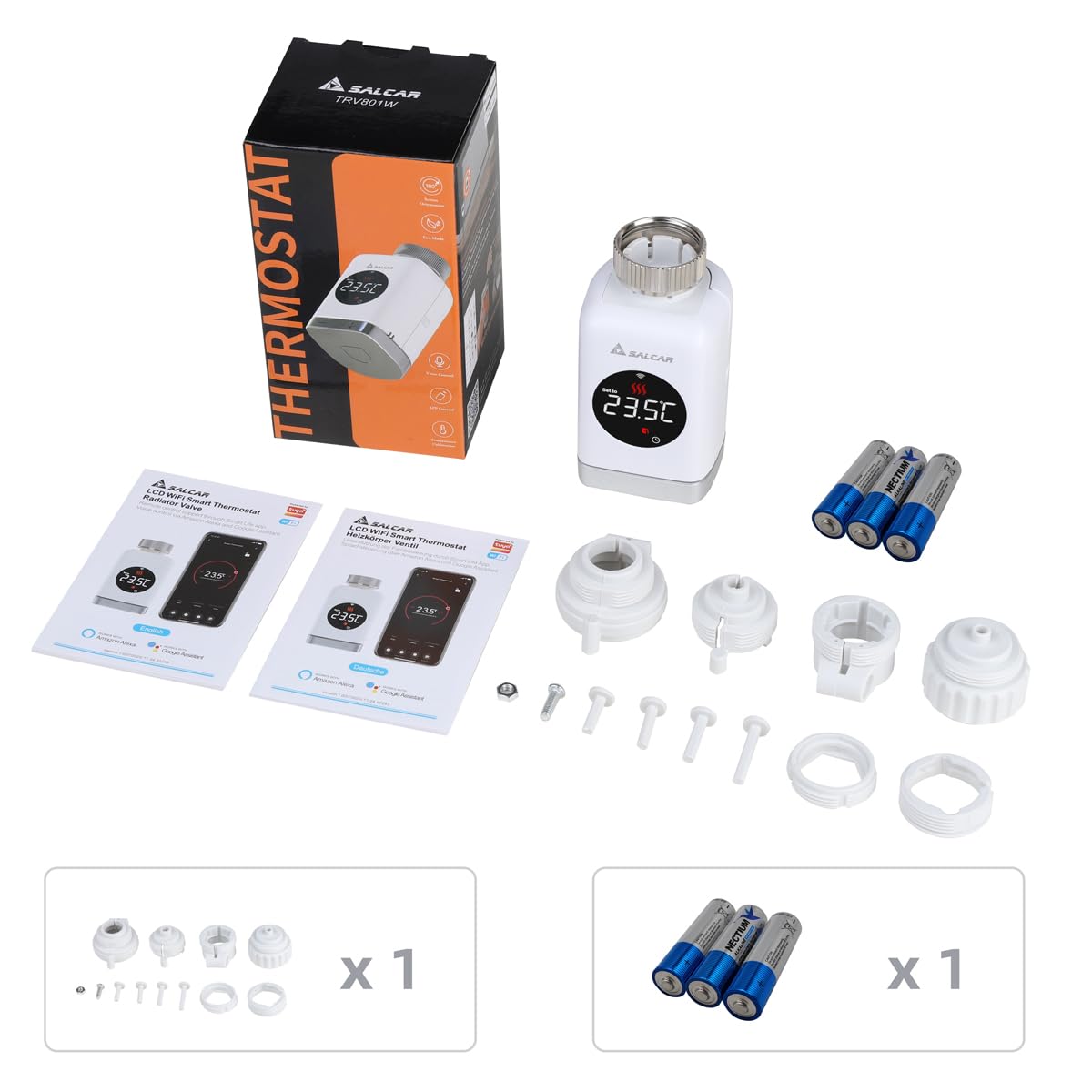 SALCAR Valvola Termostatica Intelligente WIFI Termostato TRV801W Testa Termostatica Compatibili con Amazon Alexa & Google Assistant Programmabili Tuya Smart Termostato, Nessun Gateway Richiesto