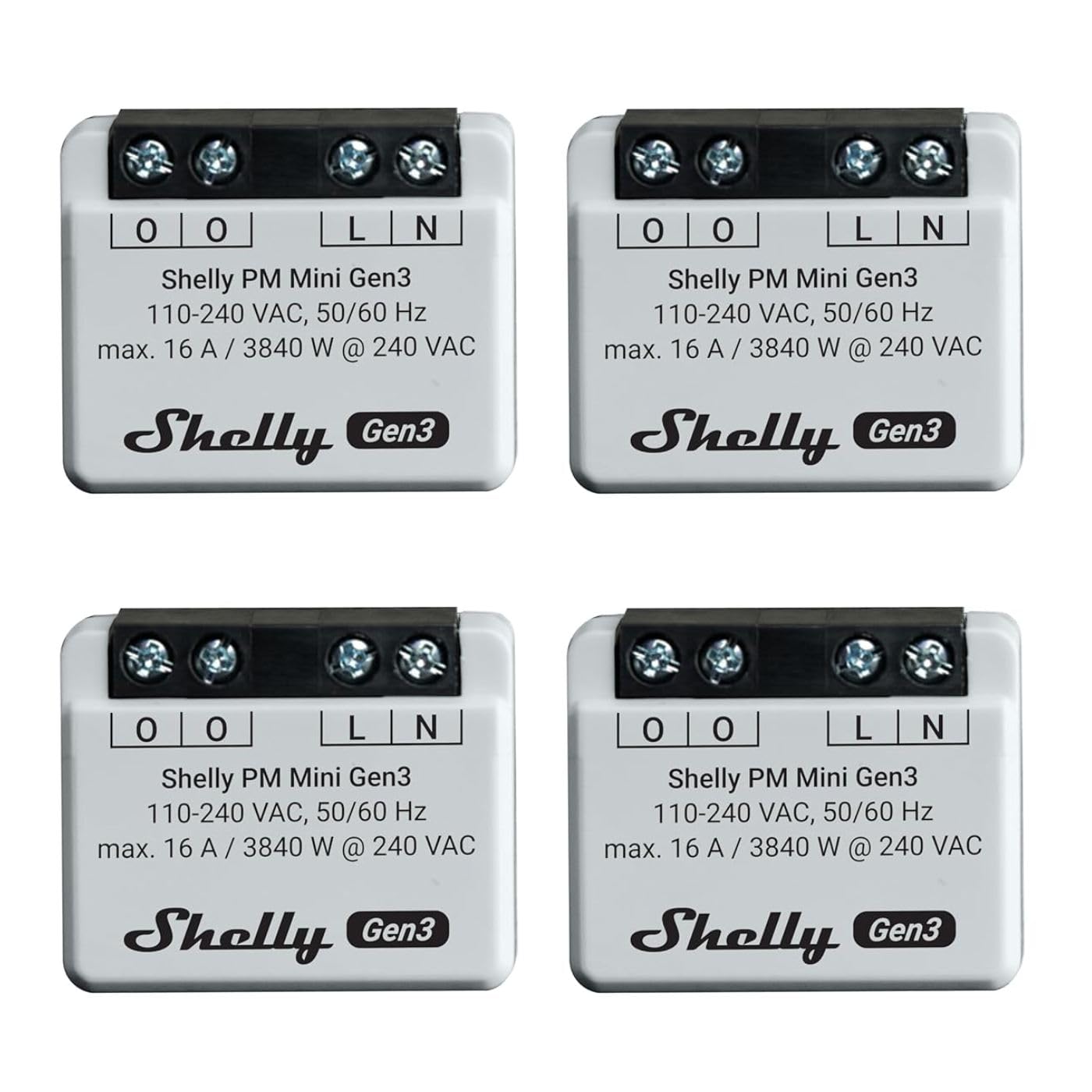 Shelly PM Mini Gen 3 | Confezione da 4 | Wi-Fi e Bluetooth Smart Power Meter 1 canale 16 A | Domestica | Compatibile con Alexa e Google Home | App iOS Android | Nessun hub richiesto