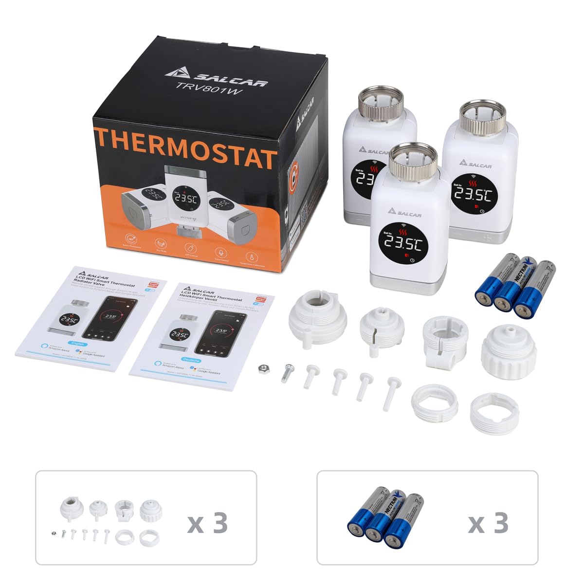 SALCAR Valvola Termostatica Intelligente WIFI Termostato TRV801W Testa Termostatica Compatibili con Amazon Alexa & Google Assistant Programmabili Tuya Smart Termostato, Nessun Gateway Richiesto
