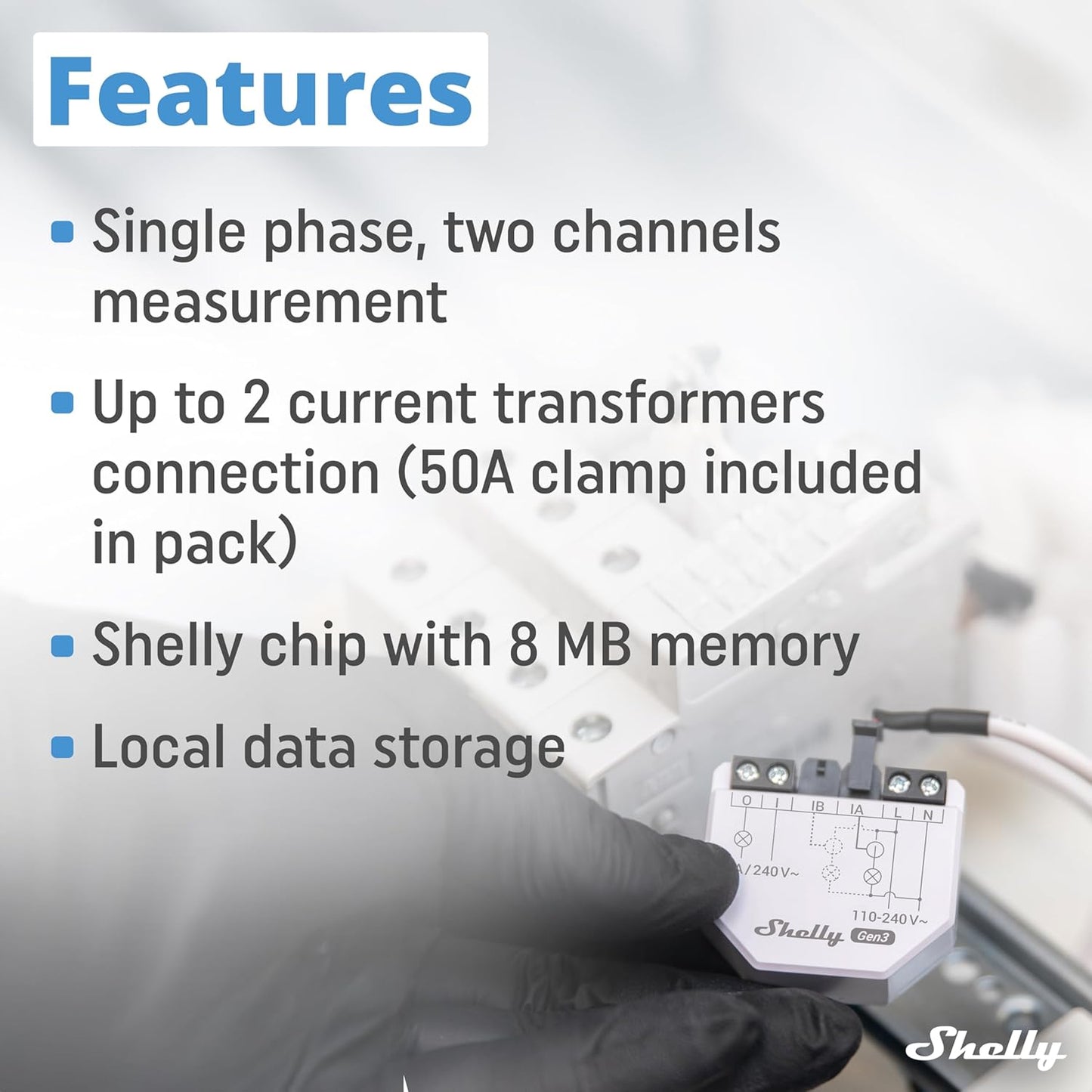 Shelly EM Gen 3 + 50А Morsetto, Wi-Fi & Bluetooth Smart Energy Meter e Contatore Interruttore Relè di Controllo, Trasformatore di Corrente, Domotica, Alexa e Google Home, Nessun hub richiesto, Bianco