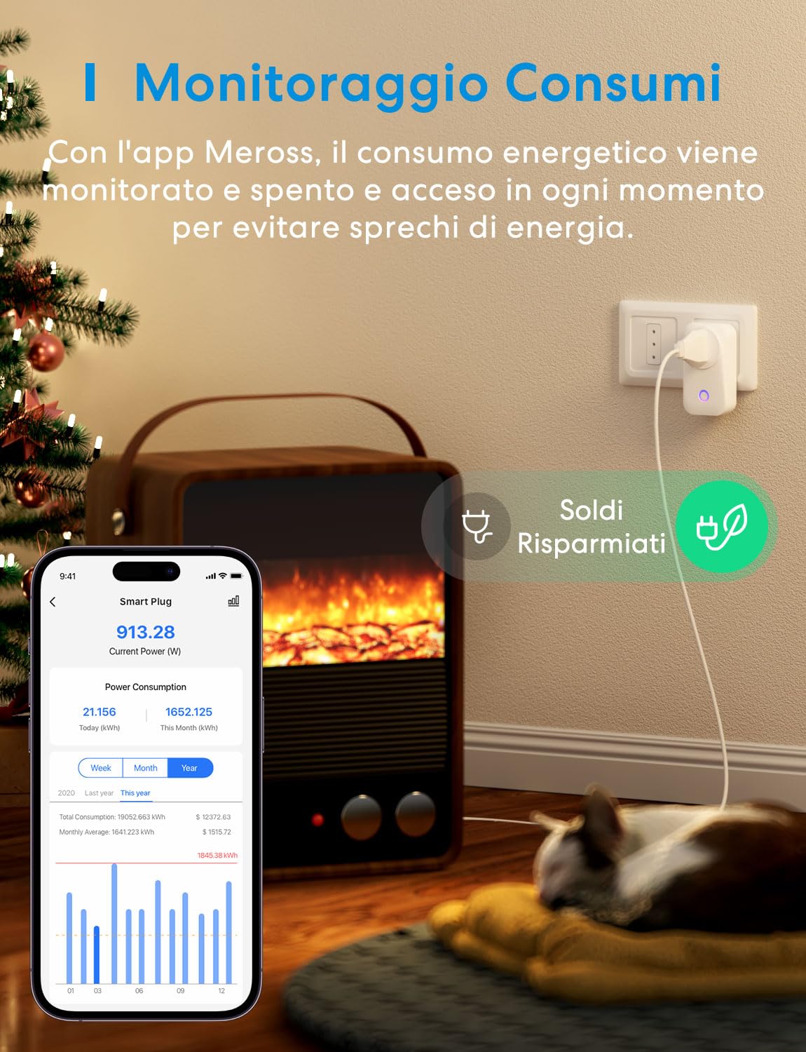 Meross Presa Smart WiFi, Presa Intelligente Italiana, Smart Plug con Monitoraggio Energia 16A 3840W, Funzione Timer, Compatibile con Amazon Alexa, SmartThings, Google Assistant, APP Controllo Remoto