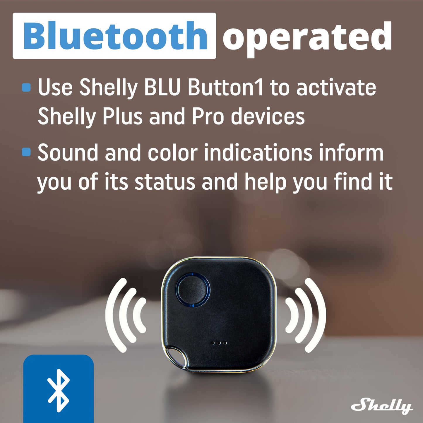 Shelly Blu Button 1 Bianco, pulsante smart, Bluetooth, Attivazione di azioni e Scene, Chiudi/Apri o spegnere/Accendere dispositivi Diversi, tre modalità di clic, durata batteria 2 anni