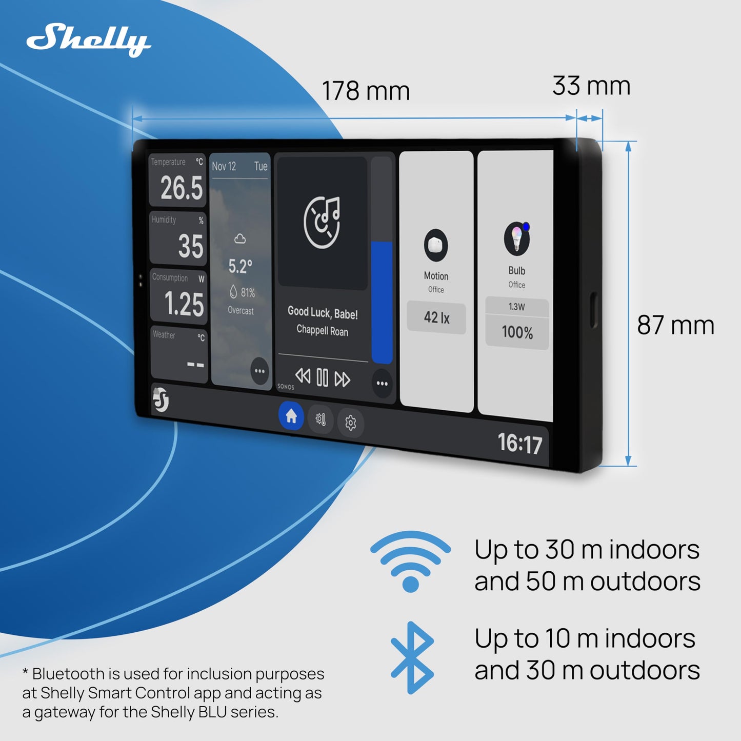 Shelly Wall Display X2 Nero, Pannello di Controllo Wi-Fi e Bluetooth da 6,95", Interruttore Integrato da 5A, Display a Colori, Termostato, Monitoraggio del Consumo, Domotica, Avvisi e Notifiche