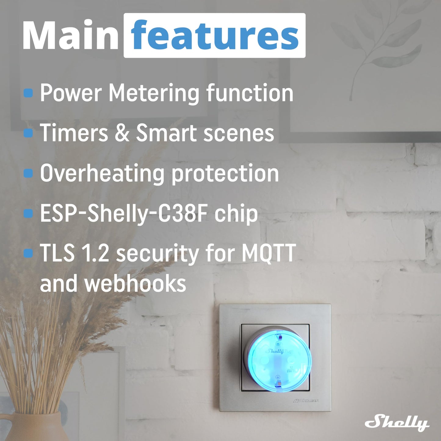 Shelly AZ Plug Bianco, Presa Intelligente Wi-Fi & Bluetooth, Misurazione Consumi, 12A, 2500W, Configurazione Facile (FFS), Compatibile con Alexa, Senza Hub, Controllo da Remoto, Programmi Smart