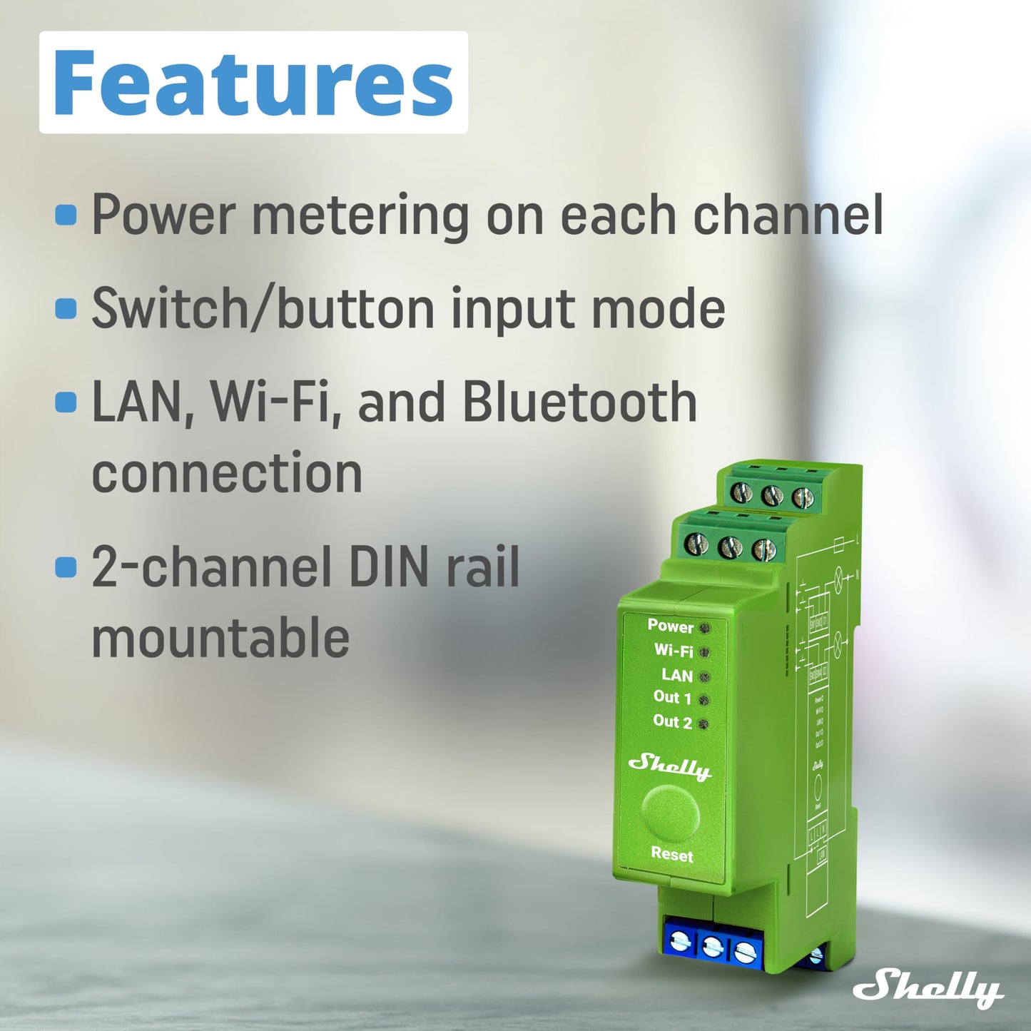 Shelly Pro Dimmer 2PM, Dimmer intelligente professionale a 2 canali, Montaggio su guida DIN, misuratore di potenza, LAN, Wi-Fi e Bluetooth, Alexa e Google Home, App iOS Android