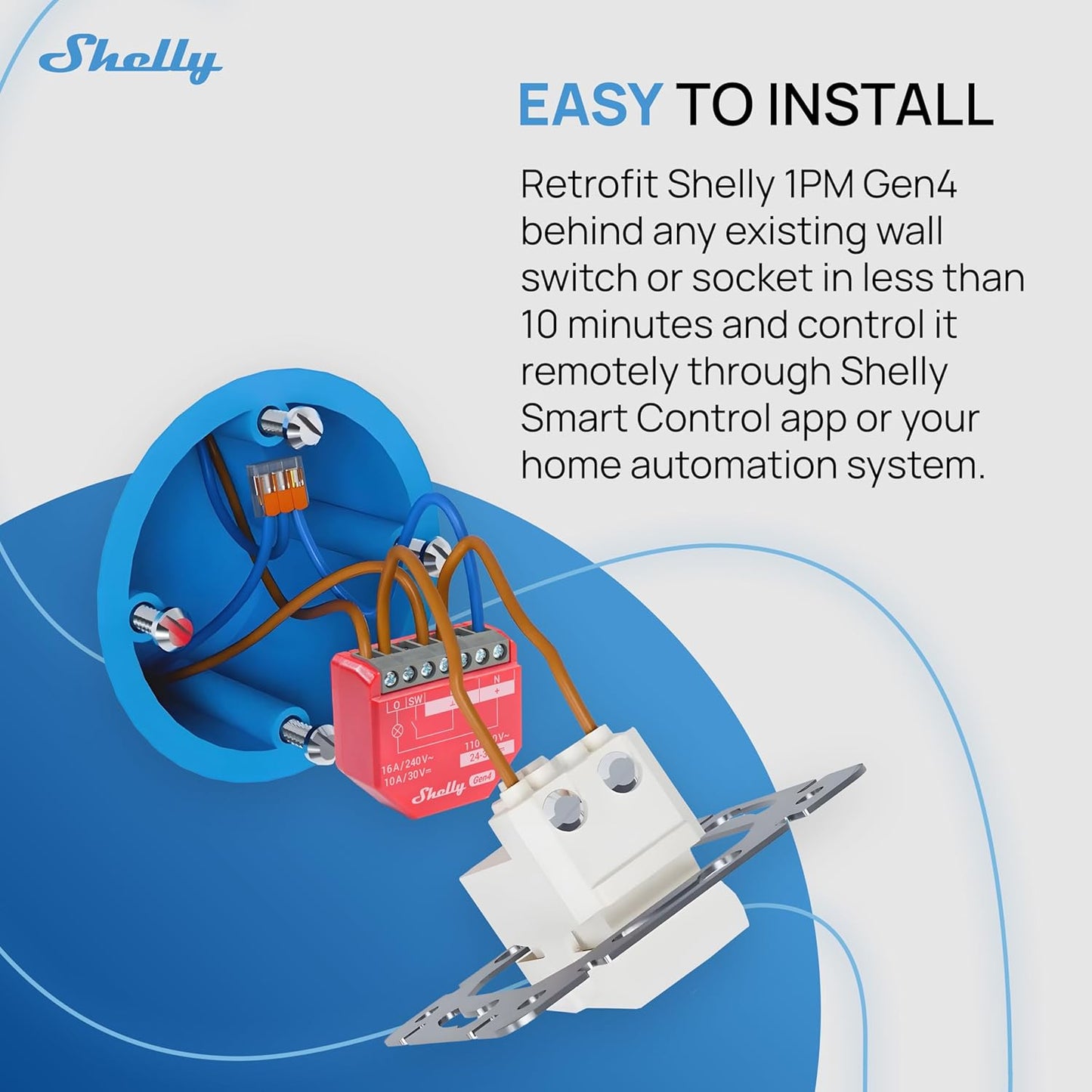 Shelly 1PM Gen4, interruttore relè intelligente con funzionamento Wi-Fi, 1 canale, 16 A, misurazione della potenza, automazione domestica, controllo remoto, nessun hub necessario, Alexa, Apple HomeKit
