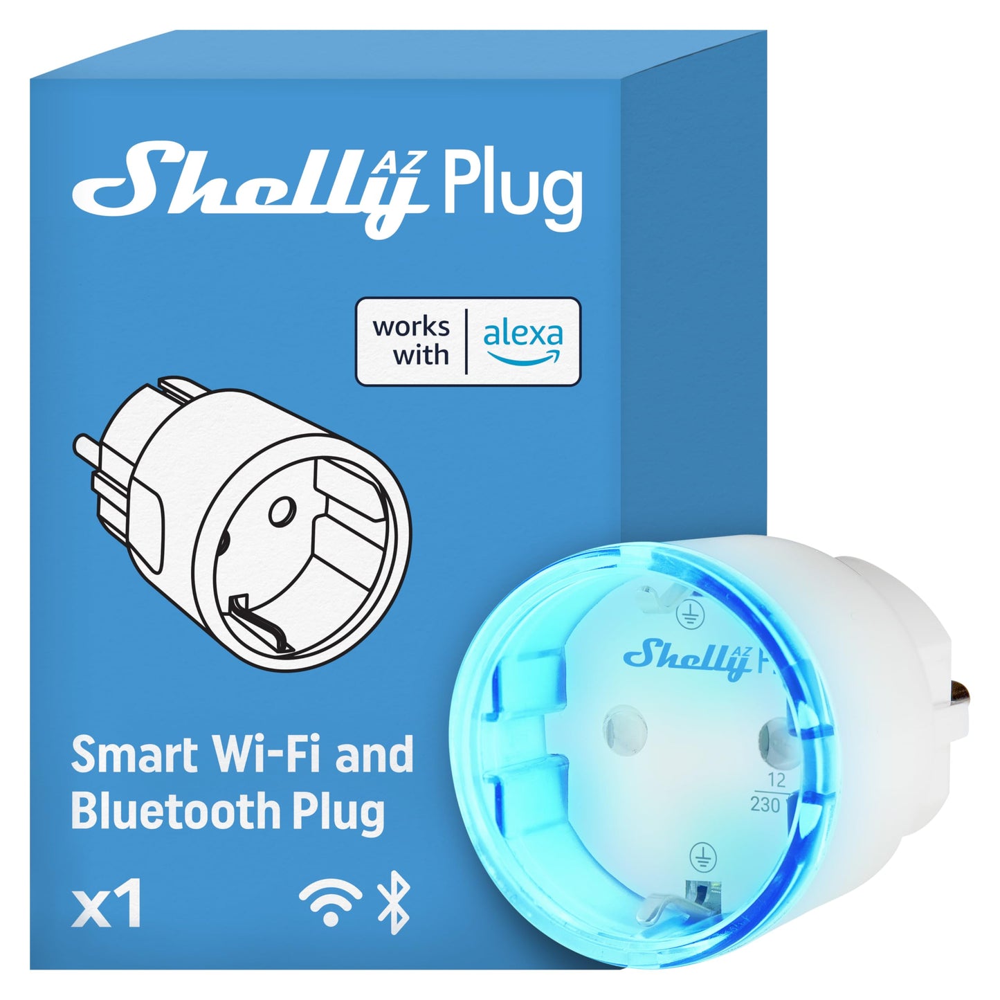 Shelly AZ Plug Bianco, Presa Intelligente Wi-Fi & Bluetooth, Misurazione Consumi, 12A, 2500W, Configurazione Facile (FFS), Compatibile con Alexa, Senza Hub, Controllo da Remoto, Programmi Smart