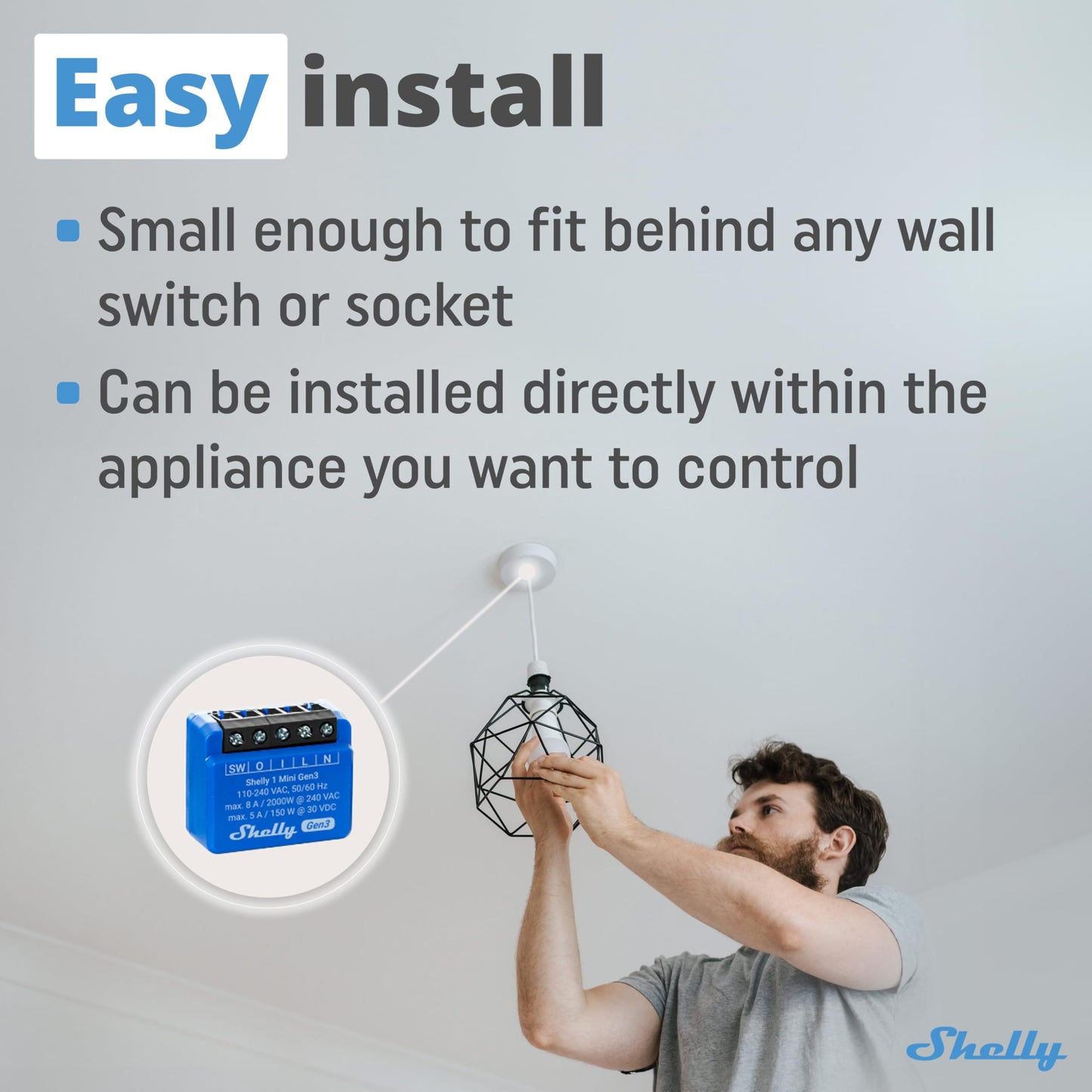 Shelly 1 Mini Gen3, Relè Intelligente WiFi e Bluetooth, 1 Canale, 8A, Domotica, Contatti Puliti, Controllo Remoto Luci, Dimensioni Compatte, Alexa e Google Home, iOS e Android, Nessun Hub Necessario