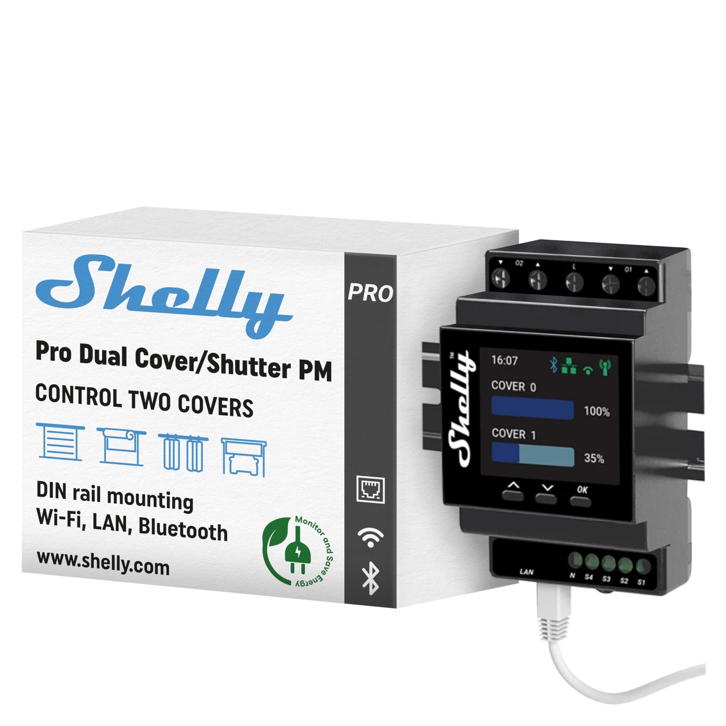 Shelly Pro 1PM - Relè Interrutore Intelligente su guida DIN con Misuratore di Consumo Elettrico, Lan Wi-Fi, Bluetooth, 1 canale - 16A, Controllo remoto App iOS Android, Alexa e Google Home