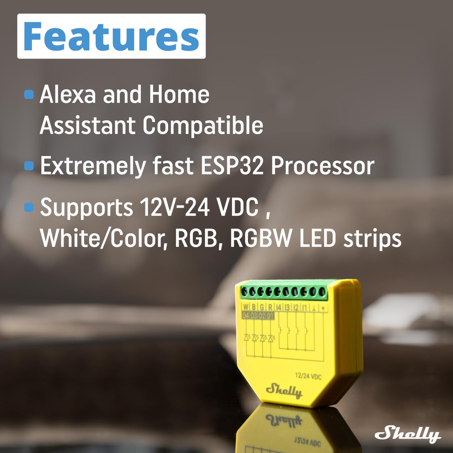 Shelly Plus RGBW PM, Modulo di controllo RGBW per strisce LED Wi-Fi & Bluetooth - 12-24 VDC, con Misuratore di consumo, Luce Bianca o Colorata Dimmerabile, Nessun Hub richiesto, App iOS Android