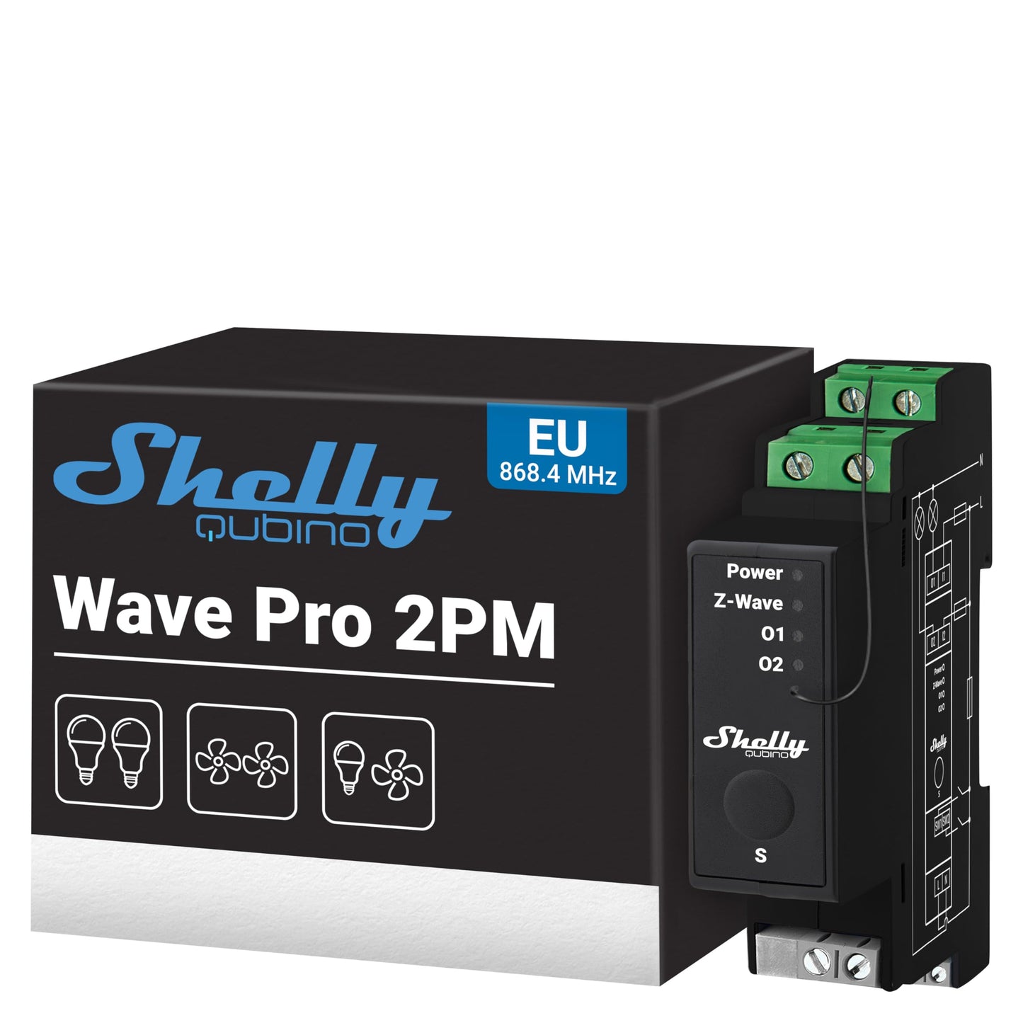 Shelly Wave Pro 2, Interruttore Intelligente Z-Wave Professionale, Contatti Puliti, 2 Canali, 25 A, Montaggio su Guida DIN, Controllo a 2 Fasi, Ripetitore di Rete Esteso, Alta Affidabilità