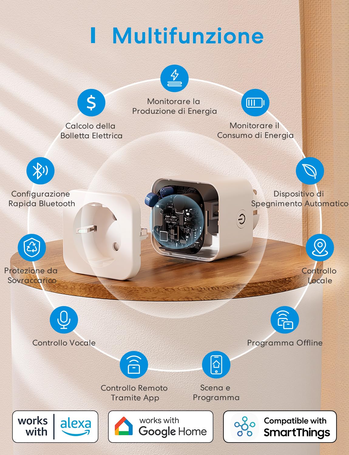 Meross Presa Smart WiFi, Presa Intelligente Italiana, Smart Plug con Monitoraggio Energia 16A 3840W, Funzione Timer, Compatibile con Amazon Alexa, SmartThings, Google Assistant, APP Controllo Remoto