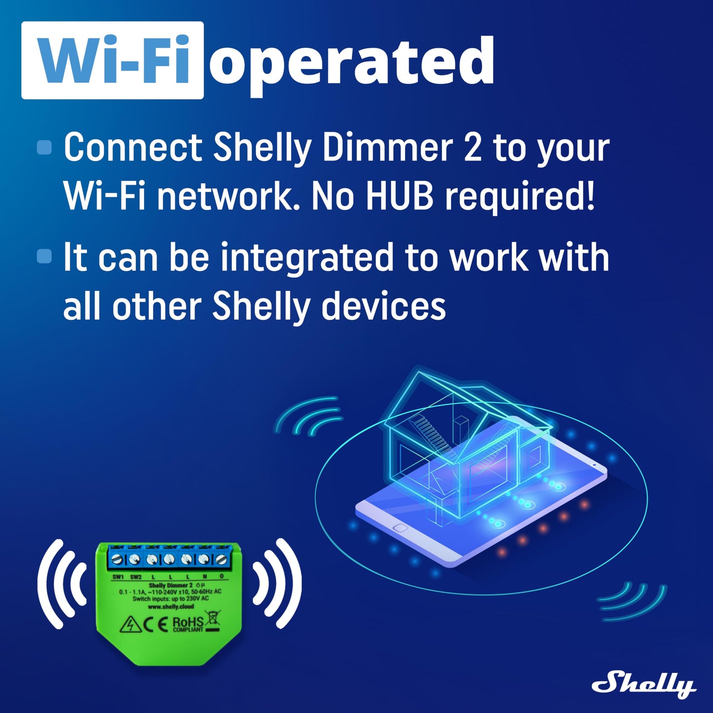 Shelly Dimmer 2, Interruttore Varialuce Senza Fili, Wi-Fi, Nessun Hub o Neutro richiesto, Domotica, Compatibile con Alexa e Google Home, App iOS Android