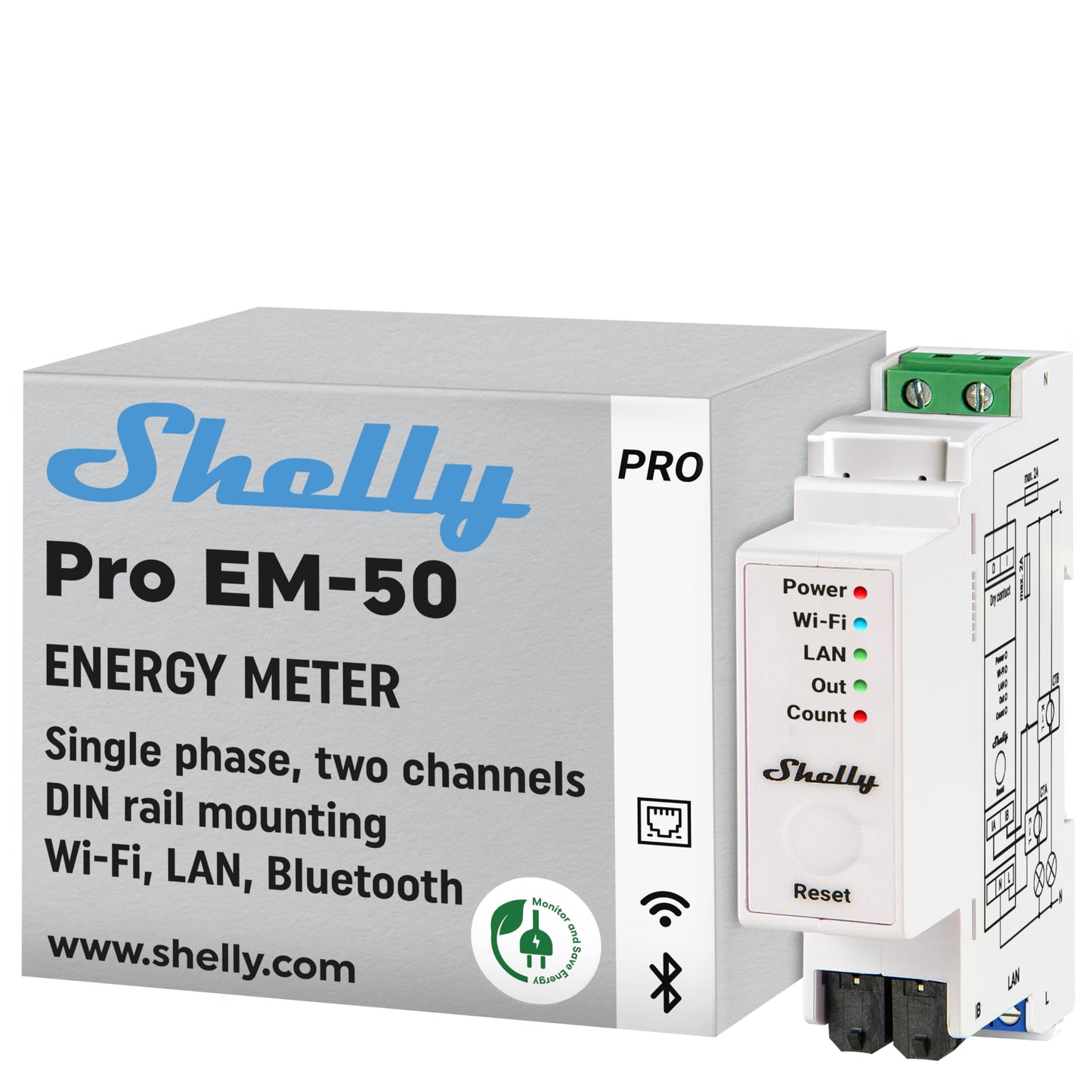 Shelly Pro EM 50A, Contatore di energia Wi-Fi e Bluetooth con comando a Contattori Con Misurazione Dei Consumi, Domotica, Compatibile Con Alexa e Google Home, Nessun Hub Richiest