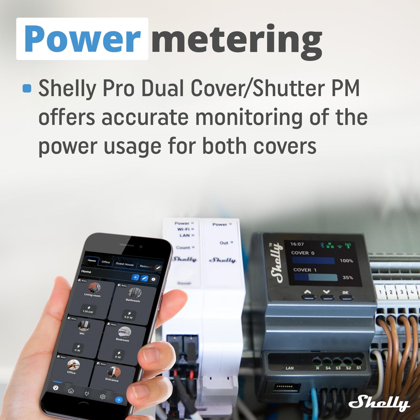 Shelly Pro 1PM - Relè Interrutore Intelligente su guida DIN con Misuratore di Consumo Elettrico, Lan Wi-Fi, Bluetooth, 1 canale - 16A, Controllo remoto App iOS Android, Alexa e Google Home