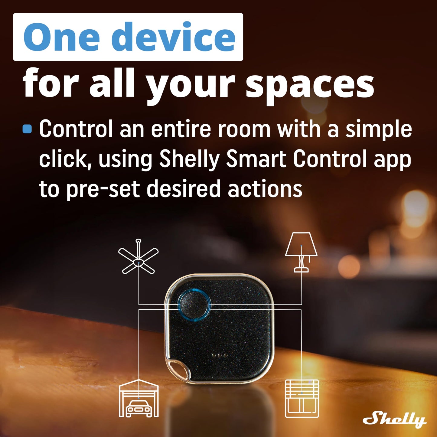Shelly Blu Button 1 Bianco, pulsante smart, Bluetooth, Attivazione di azioni e Scene, Chiudi/Apri o spegnere/Accendere dispositivi Diversi, tre modalità di clic, durata batteria 2 anni