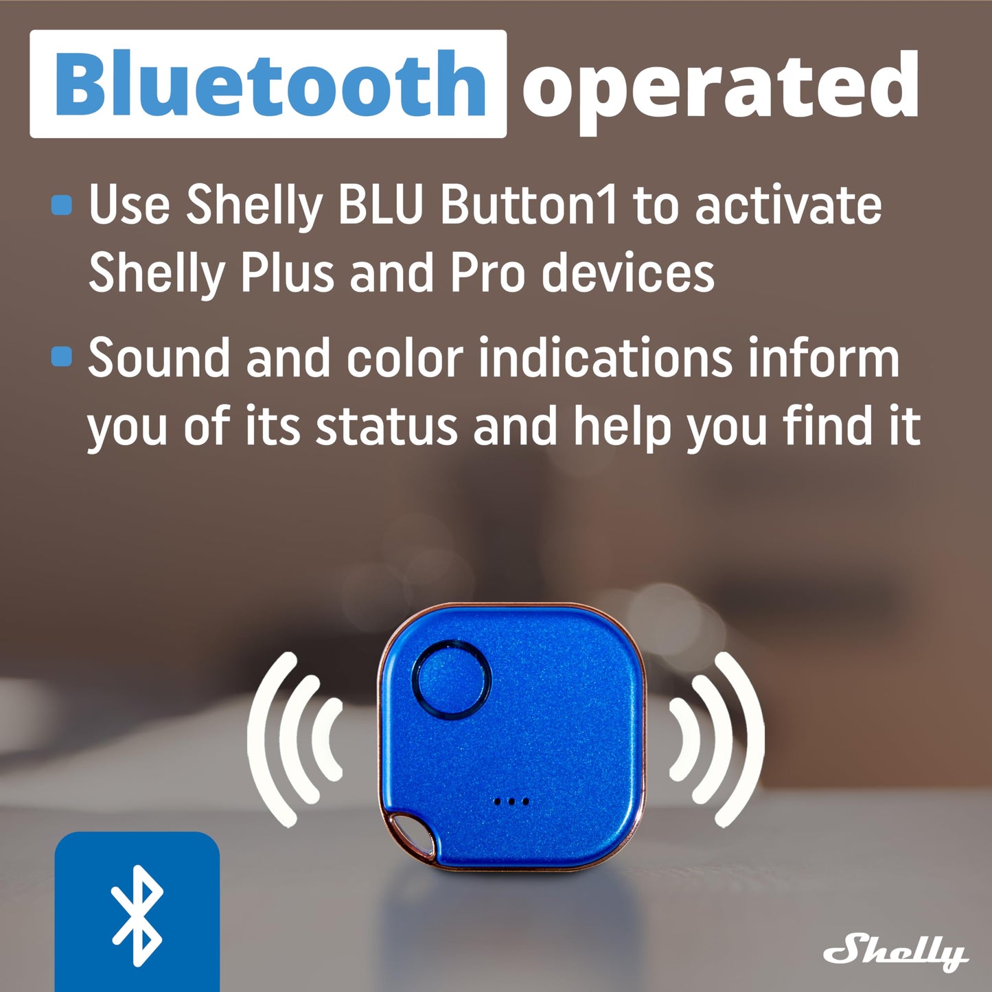 Shelly Blu Button 1 Bianco, pulsante smart, Bluetooth, Attivazione di azioni e Scene, Chiudi/Apri o spegnere/Accendere dispositivi Diversi, tre modalità di clic, durata batteria 2 anni