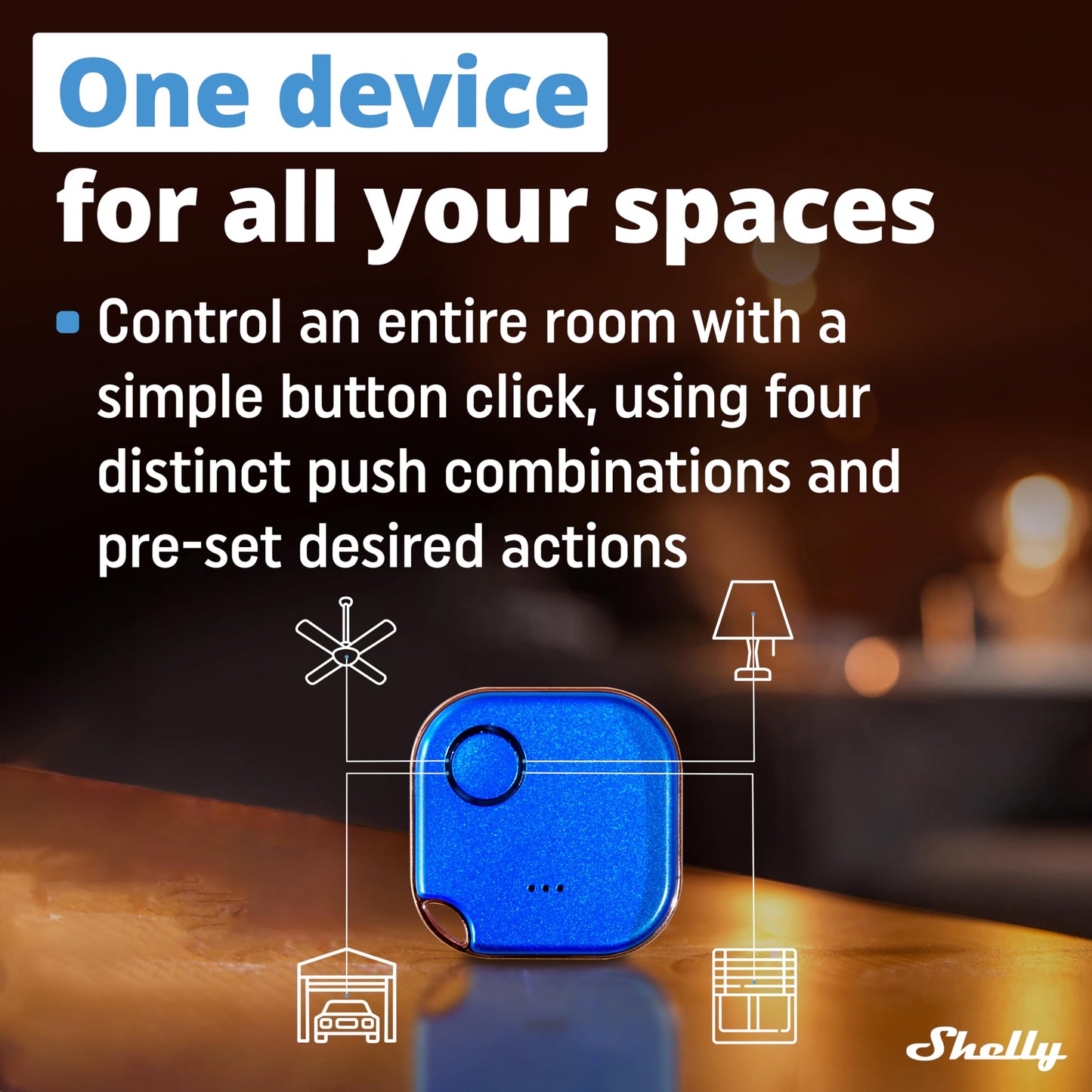Shelly Blu Button 1 Bianco, pulsante smart, Bluetooth, Attivazione di azioni e Scene, Chiudi/Apri o spegnere/Accendere dispositivi Diversi, tre modalità di clic, durata batteria 2 anni