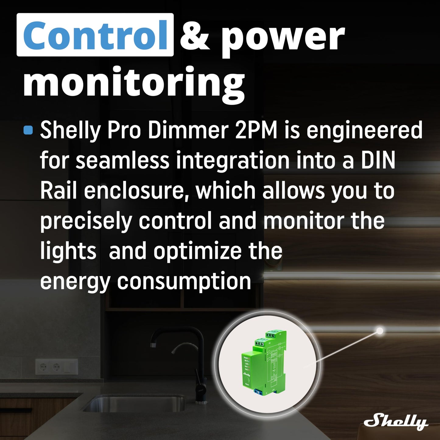 Shelly Pro Dimmer 2PM, Dimmer intelligente professionale a 2 canali, Montaggio su guida DIN, misuratore di potenza, LAN, Wi-Fi e Bluetooth, Alexa e Google Home, App iOS Android