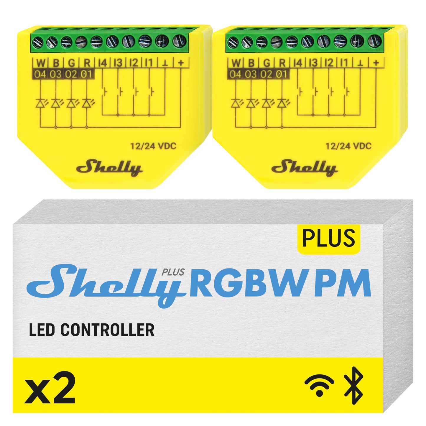 Shelly Plus RGBW PM, Modulo di controllo RGBW per strisce LED Wi-Fi & Bluetooth - 12-24 VDC, con Misuratore di consumo, Luce Bianca o Colorata Dimmerabile, Nessun Hub richiesto, App iOS Android