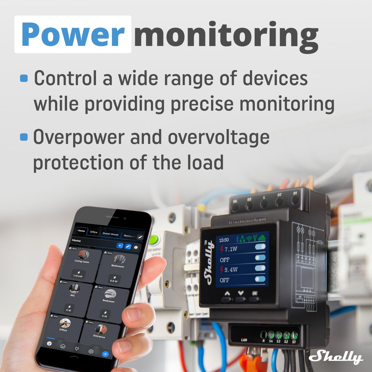 Shelly Pro 1PM - Relè Interrutore Intelligente su guida DIN con Misuratore di Consumo Elettrico, Lan Wi-Fi, Bluetooth, 1 canale - 16A, Controllo remoto App iOS Android, Alexa e Google Home