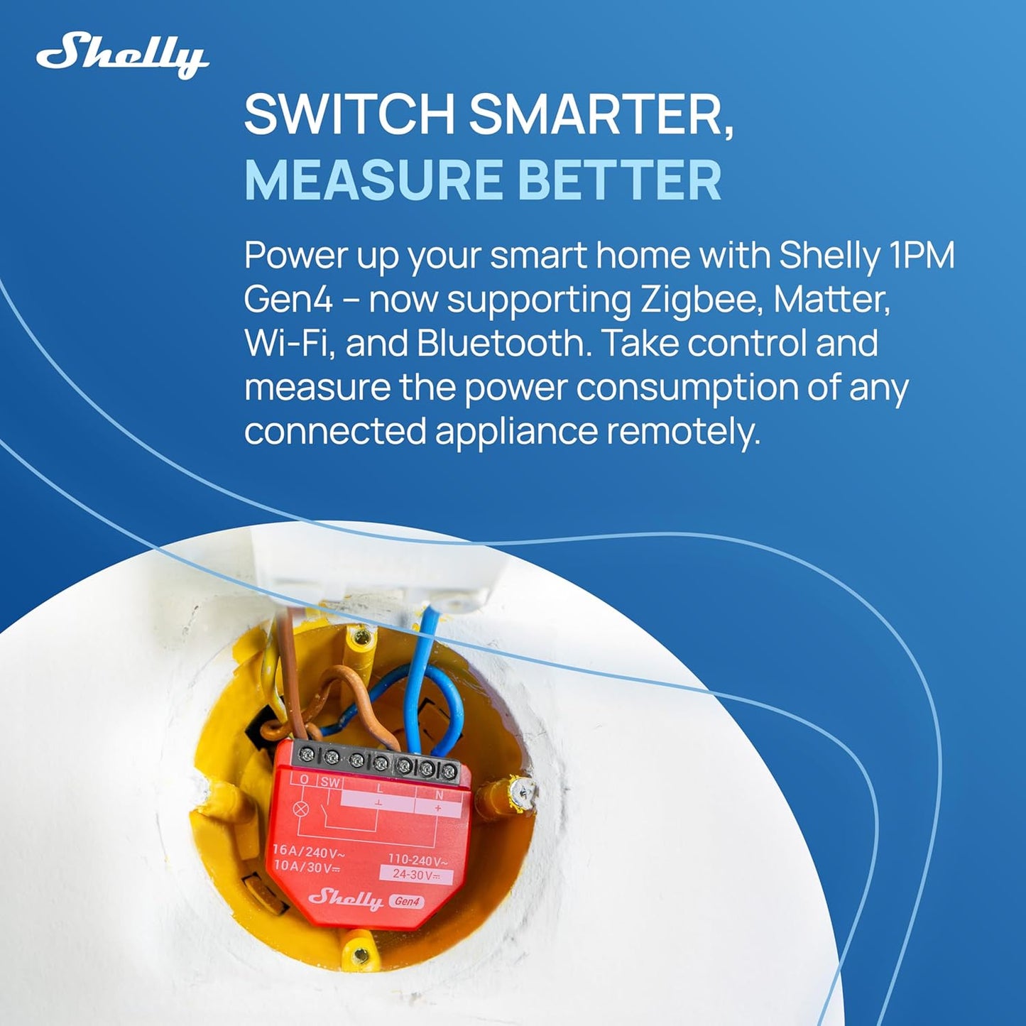 Shelly 1PM Gen4, interruttore relè intelligente con funzionamento Wi-Fi, 1 canale, 16 A, misurazione della potenza, automazione domestica, controllo remoto, nessun hub necessario, Alexa, Apple HomeKit