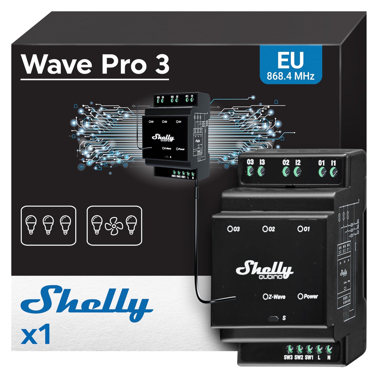 Shelly Wave Pro 2, Interruttore Intelligente Z-Wave Professionale, Contatti Puliti, 2 Canali, 25 A, Montaggio su Guida DIN, Controllo a 2 Fasi, Ripetitore di Rete Esteso, Alta Affidabilità