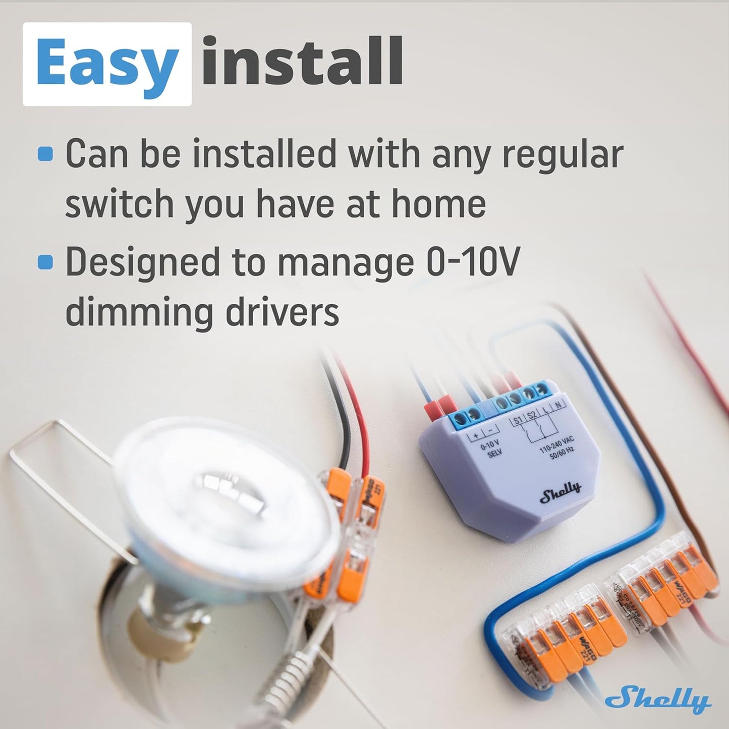 Shelly Plus Dimmer 0-10V, Interruttore Dimmer Intelligente WiFi e Bluetooth, Luci Dimmerabili, Controllo Remoto, Domotica, Alexa e Google Home, iOS Android, Nessun Hub Richiesto