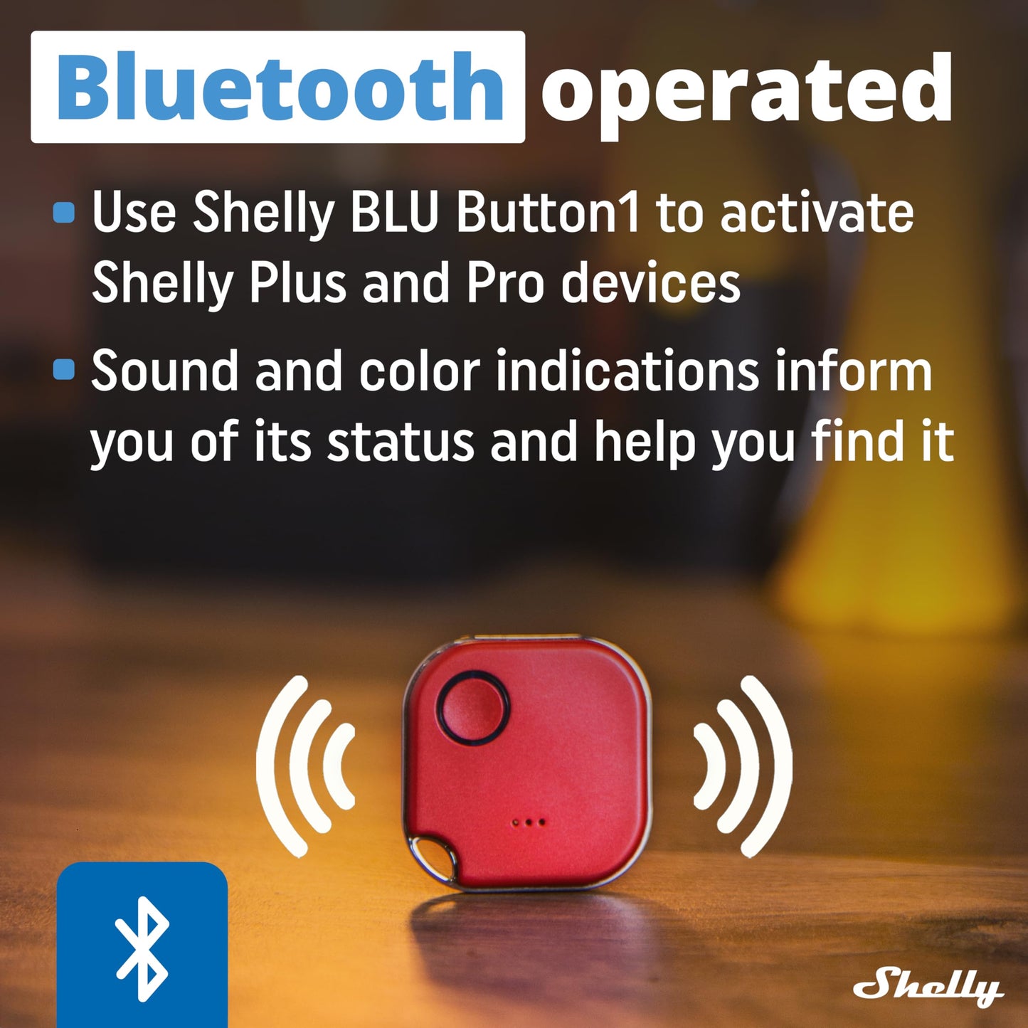Shelly Blu Button 1 Bianco, pulsante smart, Bluetooth, Attivazione di azioni e Scene, Chiudi/Apri o spegnere/Accendere dispositivi Diversi, tre modalità di clic, durata batteria 2 anni