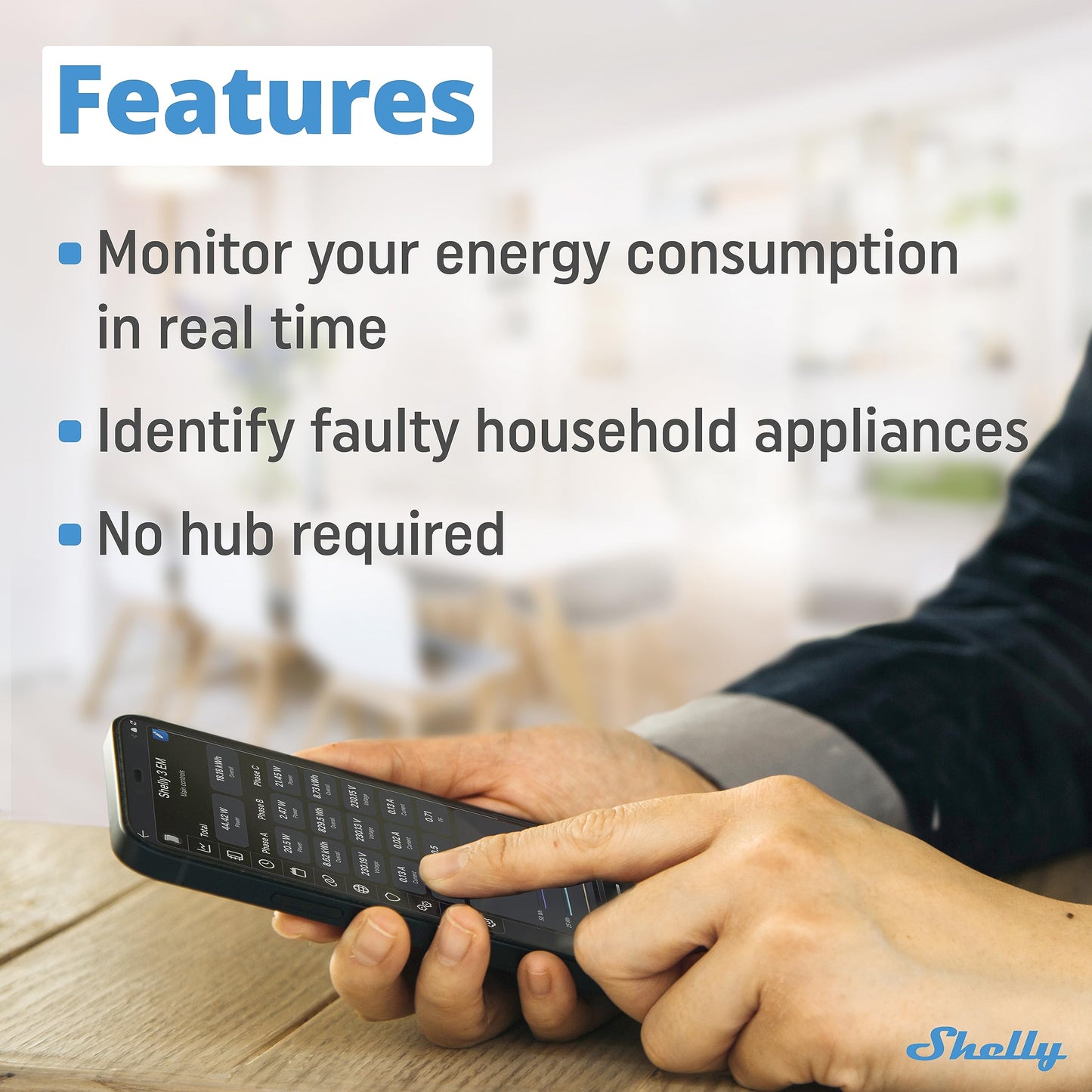 Shelly 3EM | Contatore di energia elettrica intelligente Wi-Fi, 3 canali -120A, Controllo contattore remoto, Monitoraggio fotovoltaico, Domotica, Compatibile con Alexa e Google Home, App iOS Android
