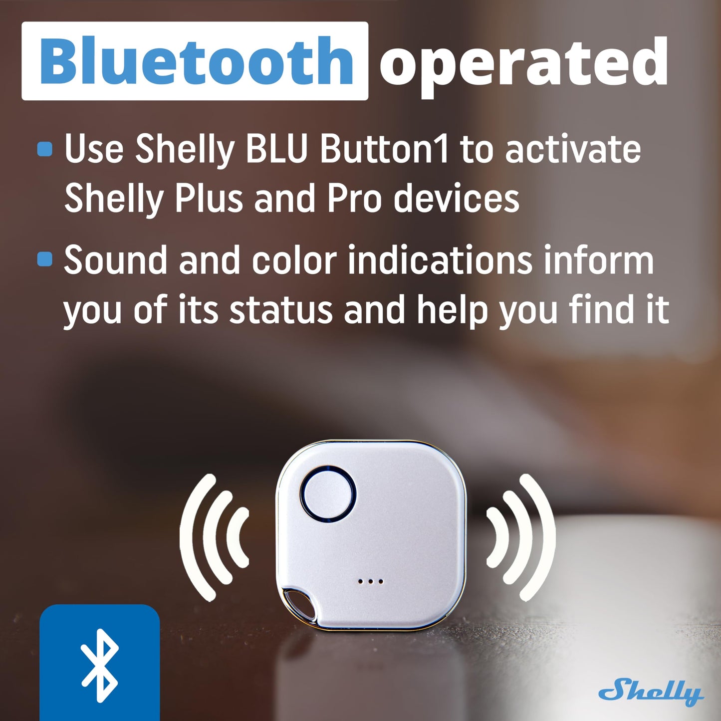 Shelly Blu Button 1 Bianco, pulsante smart, Bluetooth, Attivazione di azioni e Scene, Chiudi/Apri o spegnere/Accendere dispositivi Diversi, tre modalità di clic, durata batteria 2 anni