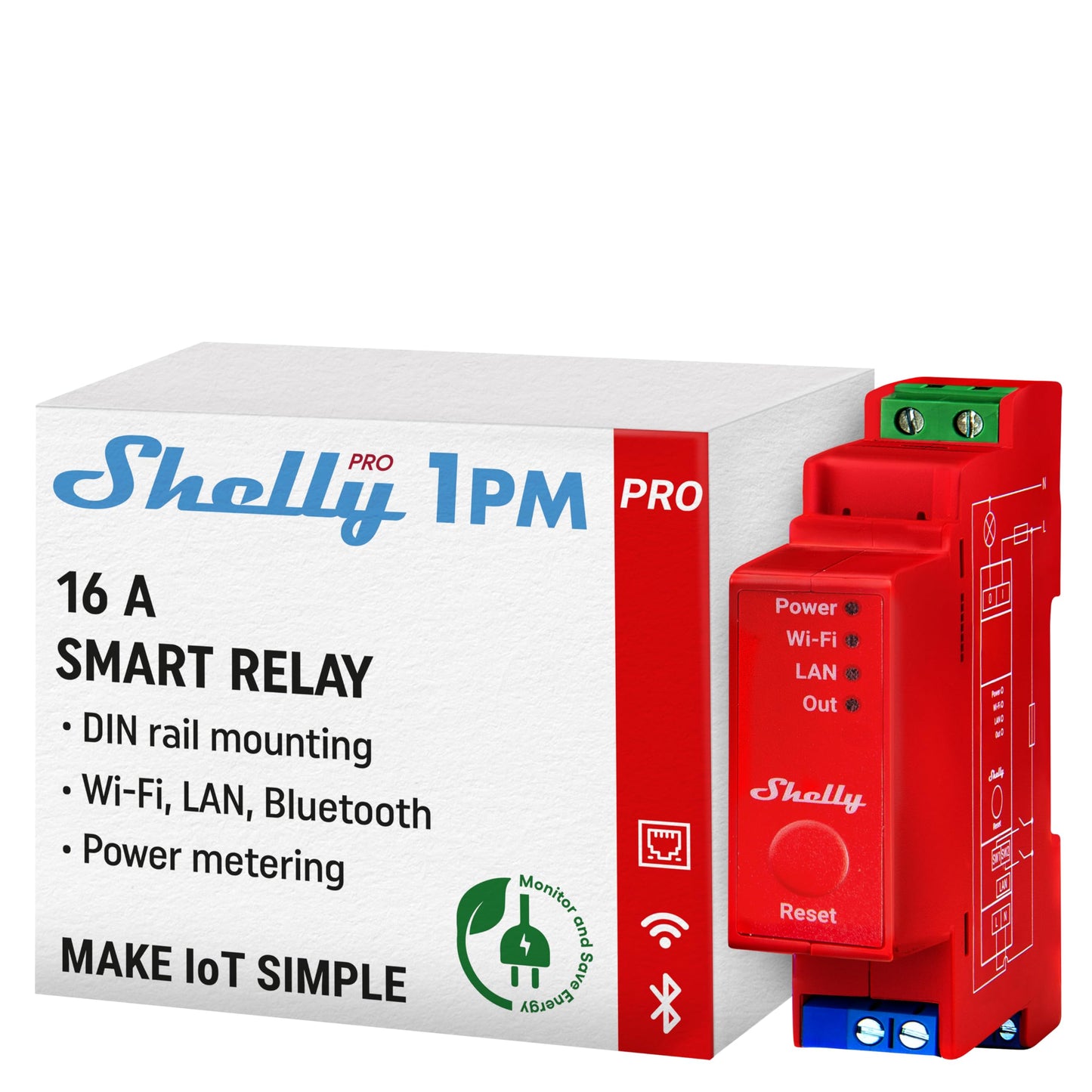Shelly Pro 1PM - Relè Interrutore Intelligente su guida DIN con Misuratore di Consumo Elettrico, Lan Wi-Fi, Bluetooth, 1 canale - 16A, Controllo remoto App iOS Android, Alexa e Google Home