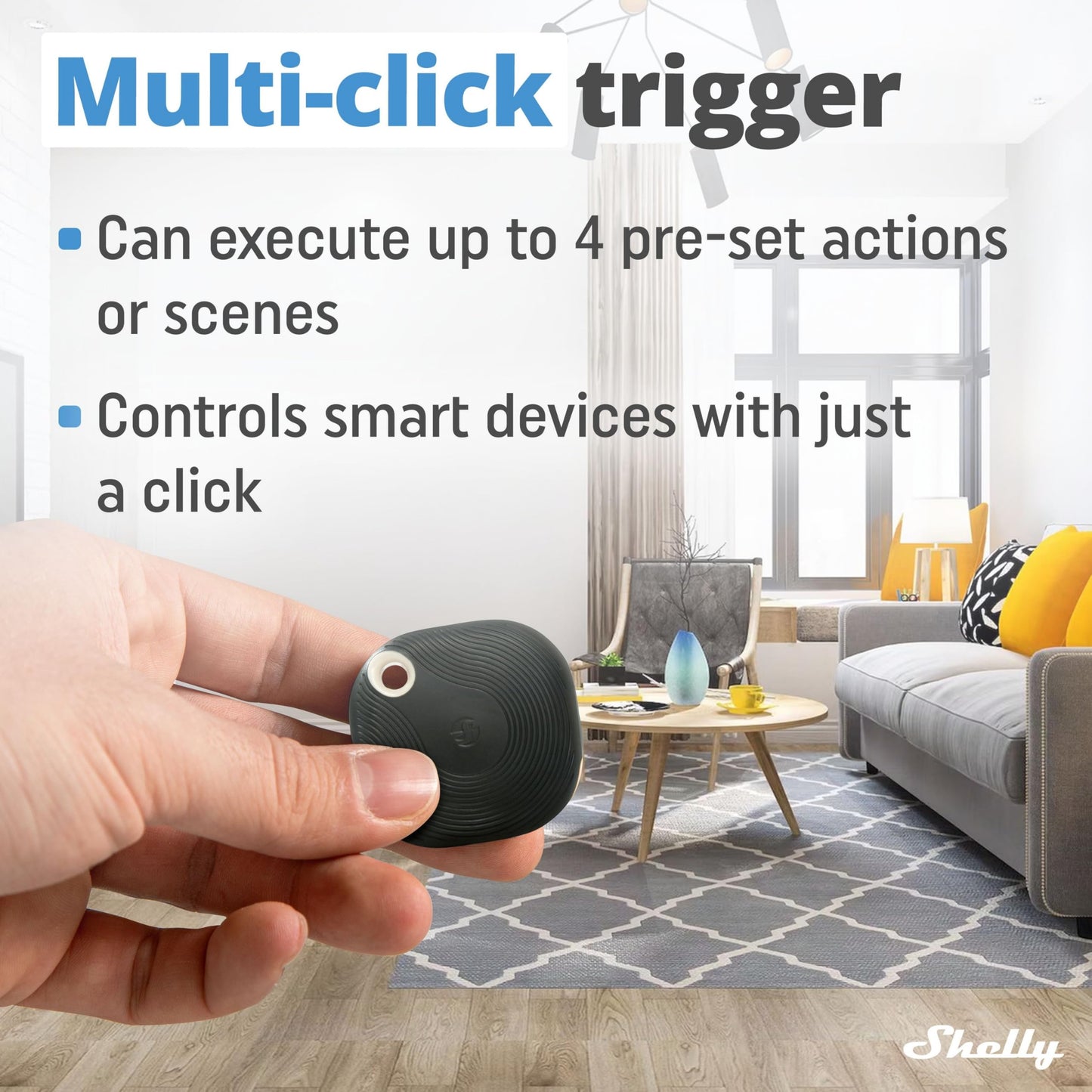 Shelly BLU Button Tough Nero,Pulsante intelligente controllato via Bluetooth,Dimmerazione, accensione e spegnimento di dispositivi e attivazione di scene domotiche,Grado IP54,Applicazione iOS Android