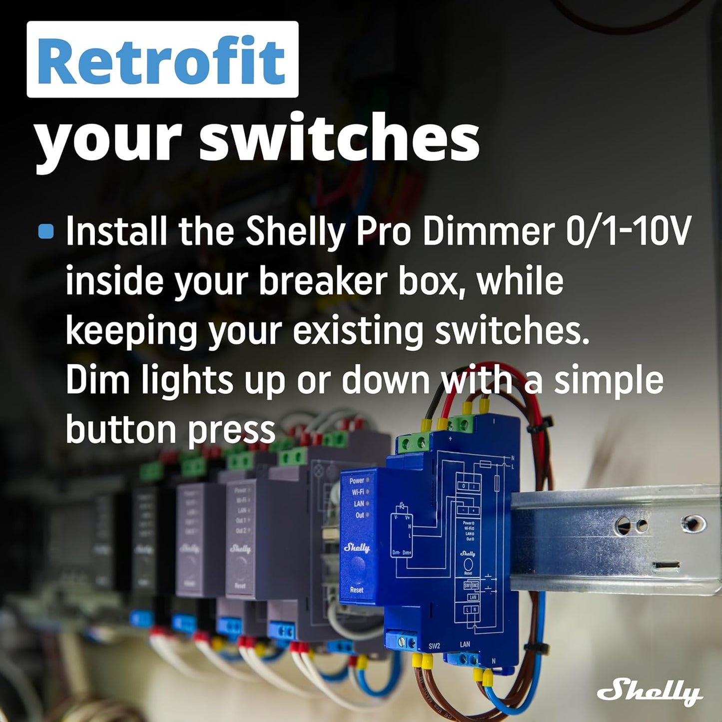 Shelly Pro Dimmer 0/1-10V PM, Regolatore di Luminosità Intelligente, Regolazione dell'intensità Luminosa, Misurazione della Potenza, Programmi Intelligenti, Nessun hub Richiesto, Wi-Fi, Bluetooth, LAN