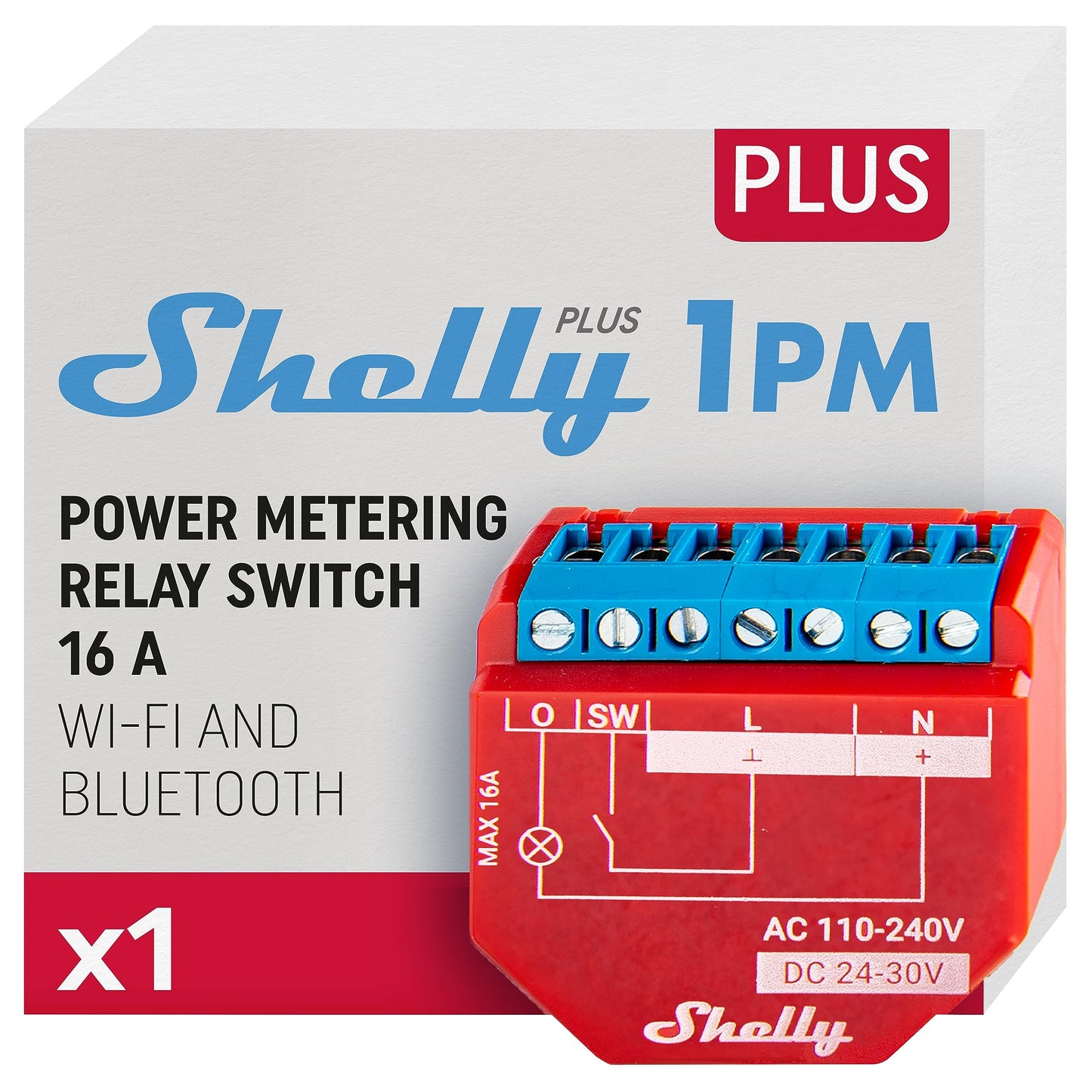 Shelly Plus 1PM, Interruttore a Relè Wi-Fi e Bluetooth con Misuratore di Potenza, Domotica, Alexa e Google Home, iOS e Android, Non è Necessario un Hub, Controllo Remoto delle Luci