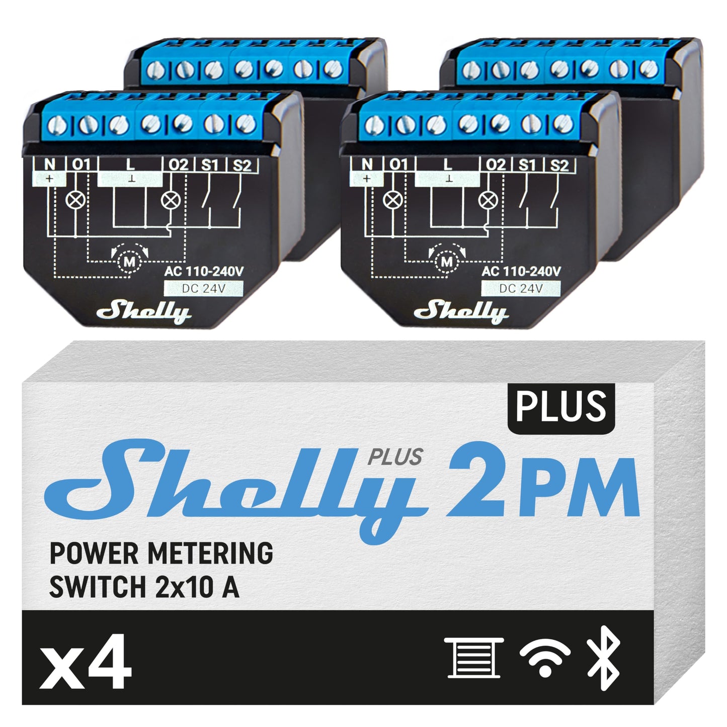 Shelly Plus 2PM, Interruttore Intelligente Relé WiFi & Bluetooth, 2 Prese Elettriche - 16A, Monitora i Consumi, Tende/Persiane/Tapparelle, Domotica, Nessun Hub, Alexa/Google Home, iOS Android, 2 Pezzi