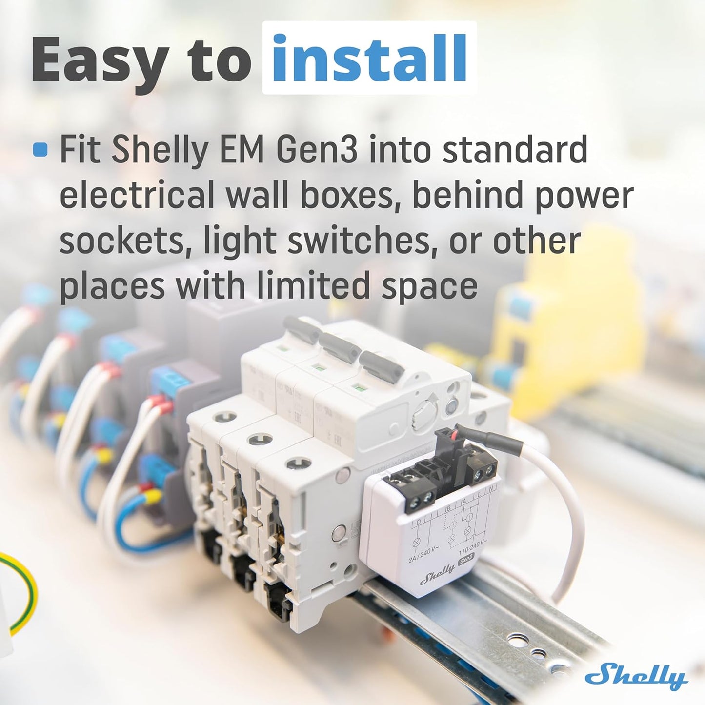 Shelly EM Gen 3 + 50А Morsetto, Wi-Fi & Bluetooth Smart Energy Meter e Contatore Interruttore Relè di Controllo, Trasformatore di Corrente, Domotica, Alexa e Google Home, Nessun hub richiesto, Bianco