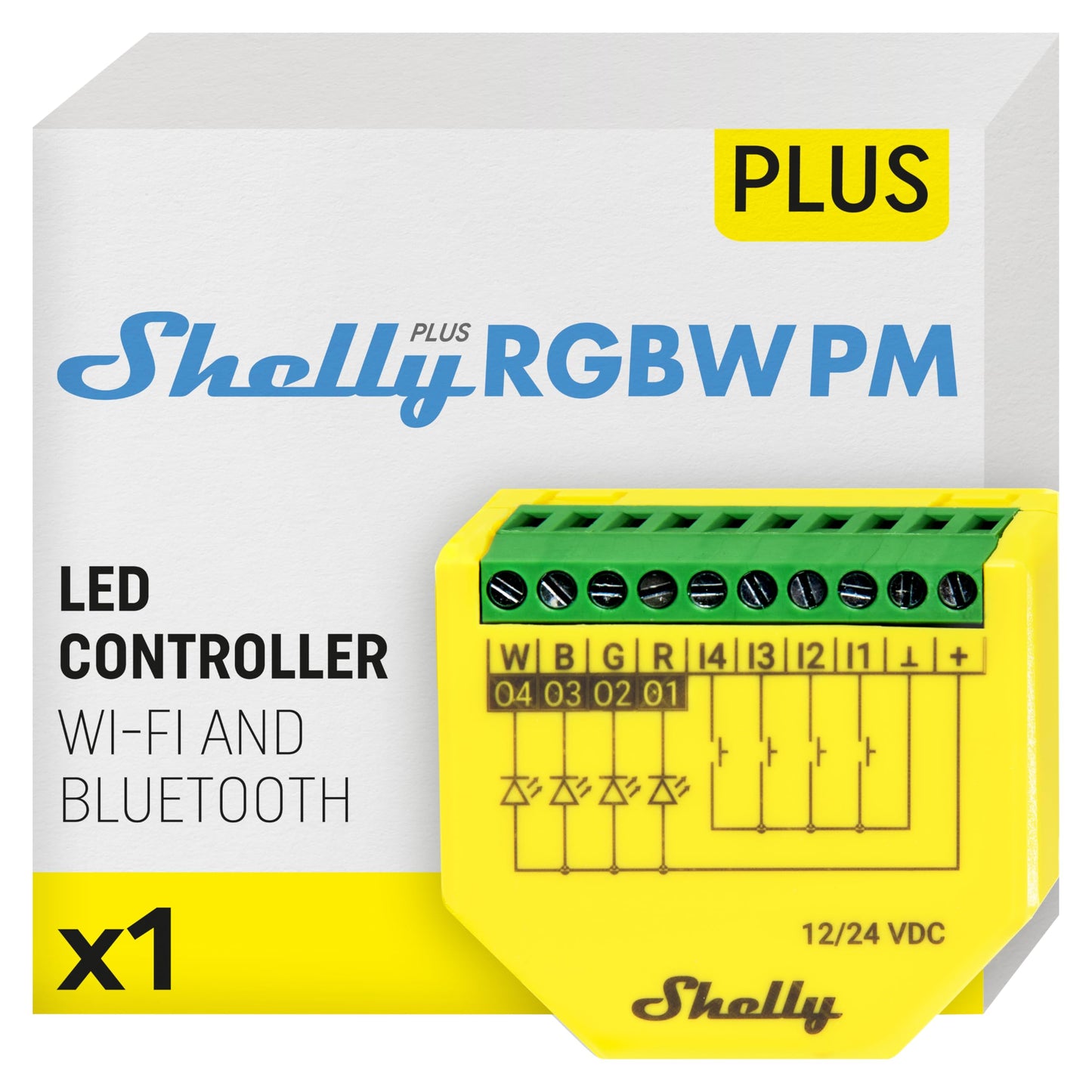 Shelly Plus RGBW PM, Modulo di controllo RGBW per strisce LED Wi-Fi & Bluetooth - 12-24 VDC, con Misuratore di consumo, Luce Bianca o Colorata Dimmerabile, Nessun Hub richiesto, App iOS Android