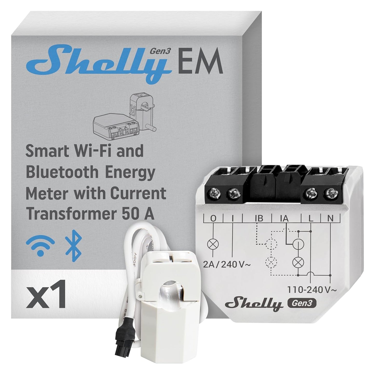 Shelly EM Gen 3 + 50А Morsetto, Wi-Fi & Bluetooth Smart Energy Meter e Contatore Interruttore Relè di Controllo, Trasformatore di Corrente, Domotica, Alexa e Google Home, Nessun hub richiesto, Bianco