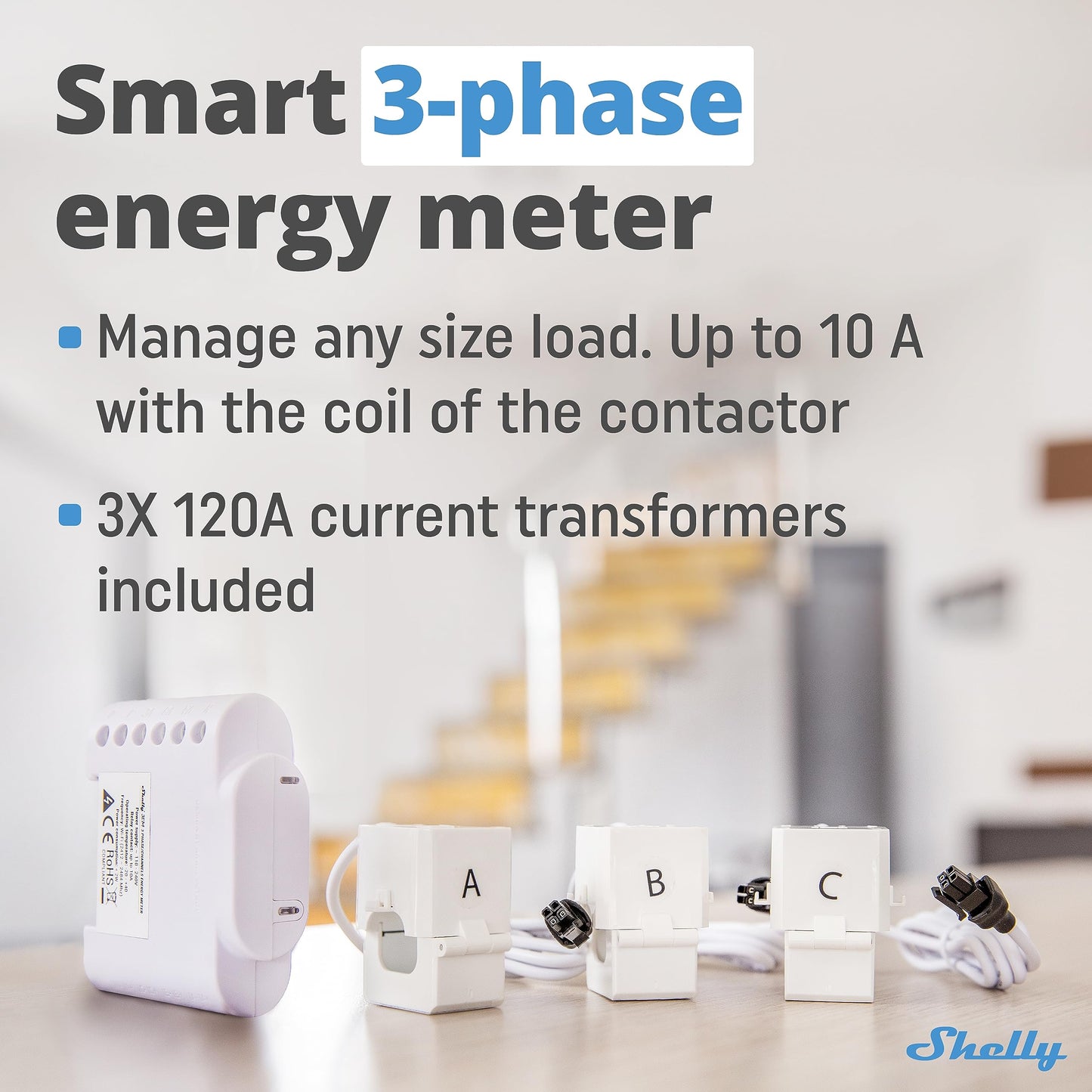 Shelly 3EM | Contatore di energia elettrica intelligente Wi-Fi, 3 canali -120A, Controllo contattore remoto, Monitoraggio fotovoltaico, Domotica, Compatibile con Alexa e Google Home, App iOS Android