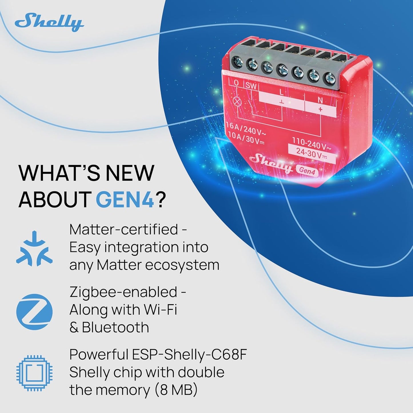Shelly 1PM Gen4, interruttore relè intelligente con funzionamento Wi-Fi, 1 canale, 16 A, misurazione della potenza, automazione domestica, controllo remoto, nessun hub necessario, Alexa, Apple HomeKit