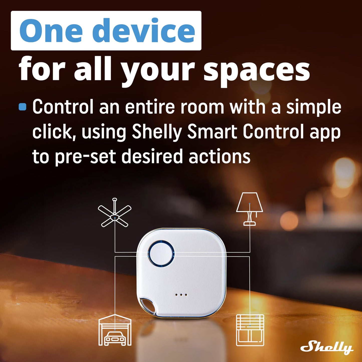 Shelly Blu Button 1 Bianco, pulsante smart, Bluetooth, Attivazione di azioni e Scene, Chiudi/Apri o spegnere/Accendere dispositivi Diversi, tre modalità di clic, durata batteria 2 anni