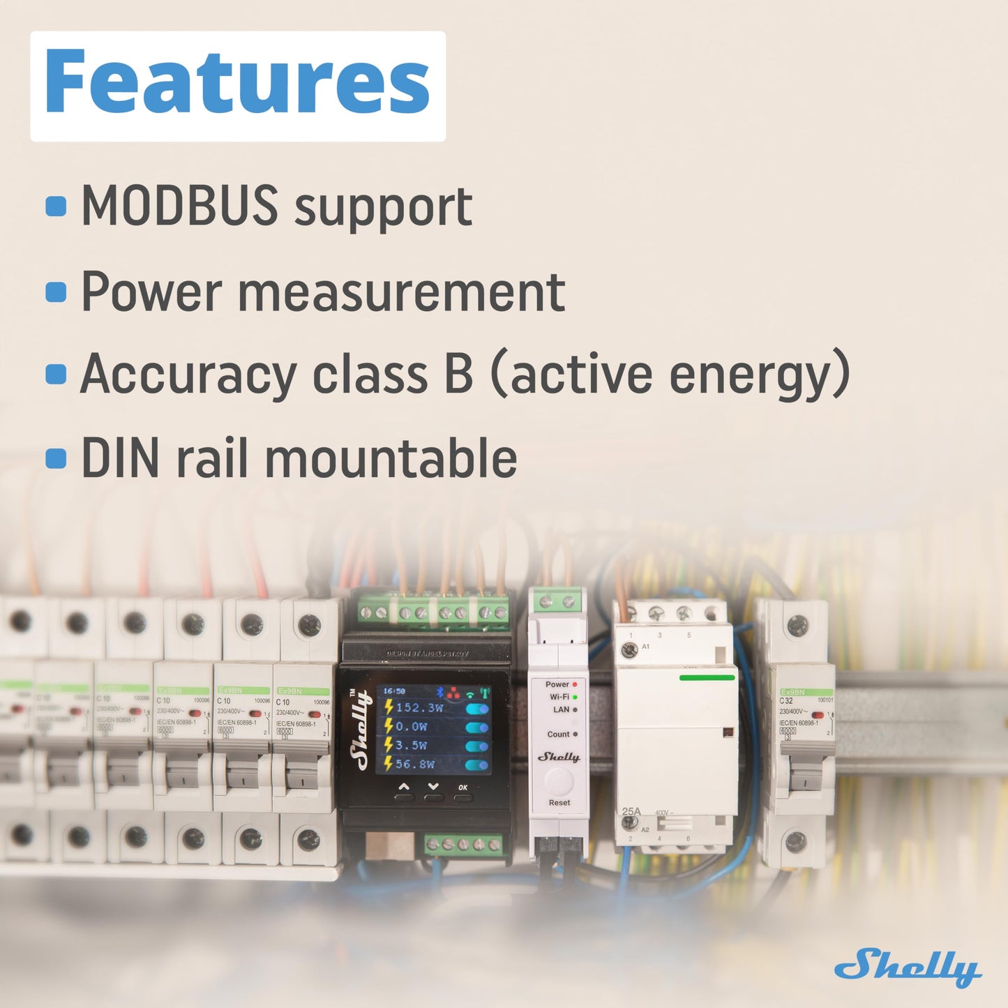 Shelly Pro EM 50A, Contatore di energia Wi-Fi e Bluetooth con comando a Contattori Con Misurazione Dei Consumi, Domotica, Compatibile Con Alexa e Google Home, Nessun Hub Richiest